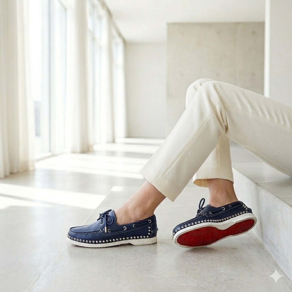 Christian Louboutin Navy Blue Leather Steckel Spiked Boat Shoes - US 6.5 (37.5)